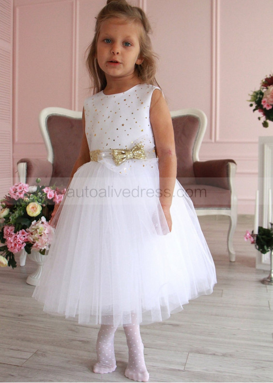 Gold Star White Tulle Flower Girl Dress